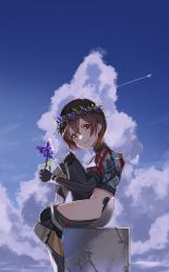 Rule 34 | 1girl, absurdres, android, blue sky, blush, brown hair, camouflage, cloud, contrail, from side, gradient hair, grin, haru yu, head wreath, highres, hololive, jacket, looking at viewer, mechanical arms, mechanical legs, multicolored hair, no pants, reverse outfit, roboco-san, roboco-san (1st costume), short hair, short sleeves, sitting, sky, smile, solo, virtual youtuber, yellow eyes