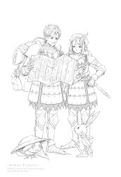 Rule 34 | 1boy, 1girl, armor, armored skirt, artist name, backpack, bag, closed mouth, commentary, copyright name, creatures (company), frown, game freak, gauntlets, gen 8 pokemon, gloria (pokemon), greyscale, hat, highres, holding, holding map, inktober, kazuko (towa), looking down, map, monochrome, nintendo, open mouth, pokemon, pokemon (creature), pokemon swsh, scorbunny, short hair, shoulder armor, sobble, standing, strap, sword, tongue, victor (pokemon), weapon
