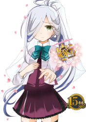 Rule 34 | 1girl, ahoge, aqua bow, aqua bowtie, asashimo (kancolle), asashimo kai ni (kancolle), blazer, bow, bowtie, bridal veil, commentary request, cowboy shot, dress, gradient hair, grey eyes, grey hair, hair over one eye, inscco, jacket, kantai collection, long hair, looking at viewer, multicolored hair, pleated dress, ponytail, purple dress, school uniform, second-party source, simple background, solo, standing, thighhighs, veil, white background