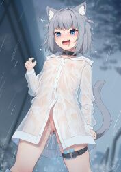 Rule 34 | 1girl, absurdres, animal ears, blue eyes, breasts, cat ears, cat girl, cat tail, cleft of venus, cloud, cloudy sky, commentary request, drooling, exhibitionism, grey hair, grey sky, highres, hinata (user rjkt4745), nipples, open mouth, original, public indecency, pussy, rain, raincoat, see-through, sex toy, short hair, sky, small breasts, standing, tail, two side up, vibrator, wet, wet clothes