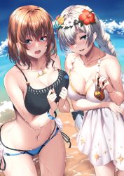 Rule 34 | 2girls, anastasia (fate), anastasia (swimsuit archer) (fate), bare shoulders, beach, bikini, black bikini, blue bikini, blue eyes, blush, bow, braid, breasts, brown hair, charlotte corday (fate), charlotte corday (swimsuit caster) (fate), cleavage, collarbone, dress, dress swimsuit, fate/grand order, fate (series), flower, flower wreath, green eyes, hair bow, hair over one eye, head wreath, highres, jewelry, kagari liroi, large breasts, long hair, looking at viewer, lotion bottle, mismatched bikini, multiple girls, navel, necklace, open mouth, pendant, short hair, side braid, smile, swimsuit, thighs, twin braids, very long hair, wet, white dress, white hair