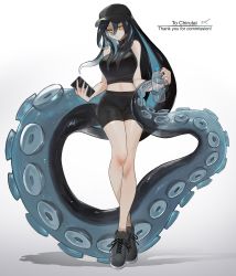 Rule 34 | 1girl, absurdly long hair, bare arms, bare shoulders, black hair, black hat, black shirt, black shorts, blue hair, bottle, cellphone, closed mouth, commission, full body, grey footwear, hair between eyes, hat, highres, holding, holding phone, jitome, long hair, midriff, monster girl, original, phone, prehensile hair, ruteko (ruko220), shirt, shoes, shorts, signature, simple background, skeb commission, smartphone, solo, tentacle hair, very long hair, water bottle, webbed hands, white background, yellow eyes