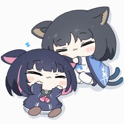 Rule 34 | 2girls, animal ear fluff, animal ears, animated, animated gif, black hair, blue archive, blue neckerchief, brown footwear, cat ears, cat tail, chibi, closed eyes, closed mouth, ear wiggle, kazusa (blue archive), kikyou (blue archive), long sleeves, medium hair, multicolored hair, multiple girls, multiple tails, neckerchief, no halo, pink hair, shirt, skirt, tail, two-tone hair, umihio, white shirt, zzz