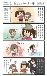 Rule 34 | 10s, 4koma, ?, akagi (kancolle), brown hair, comic, commentary request, encyclopedia caterpillar, highres, japanese clothes, kaga (kancolle), kantai collection, long hair, megahiyo, multiple girls, ryuujou (kancolle), short hair, side ponytail, speech bubble, spoken question mark, taihou (kancolle), thought bubble, translation request, twintails, twitter username, visor cap, aged down