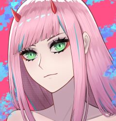Rule 34 | absurdres, darling in the franxx, green eyes, highres, horns, looking at viewer, lucksup, multicolored background, oni horns, pink hair, red horns, red pupils, straight hair, zero two (darling in the franxx)