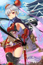 Rule 34 | 1girl, black thighhighs, cape, day, double bun, gauntlets, hair bun, hair ornament, highres, looking at viewer, momohime ryouran! sengoku asuka, mossari poteto, navel, open mouth, red eyes, scarf, sheath, sheathing, short hair, silver hair, sky, solo, sword, thighhighs, unsheathing, weapon