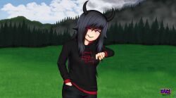 Rule 34 | 1girl, absurdres, black hair, black hoodie, black nails, blush, breasts, cloud, cloudy sky, collarbone, demon, demon girl, demon horns, denim, evil grin, evil smile, fingernails, fog, forest, goth fashion, grin, highres, hood, hoodie, horns, jewelry, large breasts, long hair, looking at viewer, nature, open mouth, original, pine tree, red eyes, ring, scenery, scythia (shadeception), shadeception, sharp fingernails, sky, smile, solo, tree, yandere