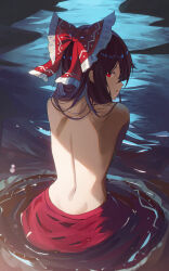 1girl absurdres back bow brown_hair commentary_request from_behind hair_bow hair_over_shoulder hakurei_reimu highres large_bow long_hair looking_at_viewer looking_back parted_lips partially_submerged red_bow red_eyes red_skirt skirt solo topless touhou usagi_(786113654) water