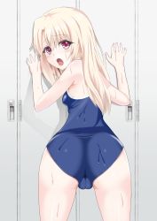 Rule 34 | 1girl, ass, blush, breasts, cameltoe, cowboy shot, fate/kaleid liner prisma illya, fate (series), from behind, highres, illyasviel von einzbern, long hair, looking at viewer, looking back, miporinrpg, one-piece swimsuit, open mouth, small breasts, solo, swimsuit, tears, wet