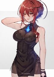 1girl absurdres ahoge alternate_costume alternate_hairstyle blue_fire blue_hair breasts elizabeth_rose_bloodflame fire highres hololive hololive_english huge_ahoge keisea large_breasts long_hair red_eyes red_hair simple_background sweat virtual_youtuber white_background