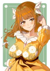 Rule 34 | 1girl, black ribbon, blush, braid, breasts, brown hair, cleavage, fire emblem, fire emblem engage, floral print, gbbgb321, goldmary (fire emblem), hair ribbon, highres, large breasts, long hair, looking at viewer, low ponytail, nintendo, official alternate costume, ribbon, smile, solo, white ribbon, yellow eyes