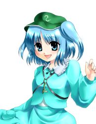 Rule 34 | 1girl, bad id, bad pixiv id, blue eyes, blue hair, female focus, hat, highres, kawashiro nitori, key, kobanzame, matching hair/eyes, open mouth, short hair, simple background, smile, solo, touhou, twintails, two side up