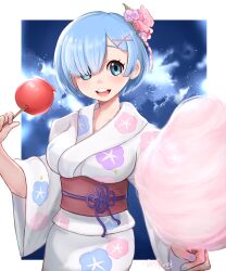 1girl artist_name blue_background blue_eyes blue_hair blue_nails border cloud_background commentary cotton_candy cowboy_shot facing_viewer floral_print flower food grin hair_flower hair_ornament highres holding holding_candy_apple holding_cotton_candy holding_food japanese_clothes kimono long_bangs looking_at_viewer obi one_eye_covered outside_border pink_flower purple_flower re:zero_kara_hajimeru_isekai_seikatsu rem_(re:zero) sash short_hair smile solo storm_cloud teeth topsieturvy upper_teeth_only white_border white_kimono yukata