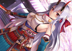 Rule 34 | 1girl, armor, armpits, bare shoulders, blush, breasts, cherry blossoms, closed mouth, commentary request, day, detached sleeves, dutch angle, fate/grand order, fate (series), hair between eyes, hair ribbon, harimoji, headband, holding, holding sword, holding weapon, horns, japanese armor, japanese clothes, katana, long hair, looking at viewer, medium breasts, oni horns, outdoors, red eyes, red ribbon, ribbon, sheath, shoulder armor, sideboob, silver hair, slit pupils, smile, sode, solo, sword, tomoe gozen (fate), tree, unsheathed, very long hair, weapon