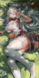 Rule 34 | 1girl, :o, absurdres, aegir (azur lane), aegir (iron blood&#039;s dragon maid) (azur lane), apron, arm garter, azur lane, bandeau, black dress, blush, breasts, cleavage, clothing cutout, collared dress, dappled sunlight, day, dragon horns, dress, fang, flower, foot out of frame, frilled apron, frilled bandeau, frilled dress, frilled garter, frilled hairband, frills, garter straps, grass, hair between eyes, hairband, highres, horns, large breasts, live (mfwa7572), long hair, lying, maid, maid apron, maid headdress, manjuu (azur lane), multicolored hair, no shoes, official alternate costume, on side, one eye closed, open mouth, outdoors, red hair, revision, see-through, see-through legwear, sidelocks, skin fang, sleeping, solo, streaked hair, sunlight, thighhighs, thighs, tree, two-tone hairband, underboob, very long hair, white bandeau, white flower, white garter straps, white hair, white thighhighs, wing collar, yawning, yellow eyes