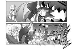 Rule 34 | 2girls, 2koma, :d, akagi (azur lane), animal ears, azur lane, breasts, chomping, cleavage, comic, commentary request, fox ears, fox tail, greyscale, hair ornament, long hair, machinery, monochrome, multiple girls, open mouth, shoukaku (azur lane), silent comic, smile, steed (steed enterprise), sweat, tail, turret, wide sleeves