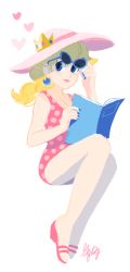 Rule 34 | blonde hair, book, earrings, eyewear on head, gigi d.g., hat, invisible chair, jewelry, mario (series), nail polish, nintendo, one-piece swimsuit, pink hat, pink one-piece swimsuit, princess peach, sandals, simple background, sitting, solo, source request, sphere earrings, sun hat, sunglasses, sunglasses on head, swimsuit, white background, white hat
