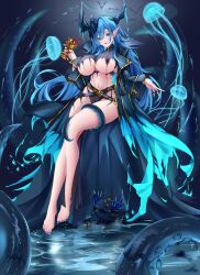 Rule 34 | 1girl, azur lane, barefoot, blue eyes, blue hair, breasts, coat, feet, full body, highres, horns, iue (artist), large breasts, legs, long hair, looking at viewer, mary celeste (azur lane), nail polish, navel, pointy ears, revealing clothes, solo, stomach, tentacles, toenail polish, toenails, toes, torn clothes, underboob