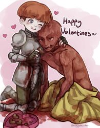 Rule 34 | 1boy, 1girl, ;d, armor, bald, blood, blood on armor, blood on cheek, box, candy, chocolate, chocolate heart, colored skin, commentary, d&#039;arce (fear &amp; hunger), english commentary, fangs, fear &amp; hunger, feeding, fingerless gloves, food, food on face, foot out of frame, gloves, green eyes, green pants, hand on another&#039;s neck, happy valentine, heart, heart-shaped box, highres, kingjoshua, kneeling, knight, le&#039;garde (fear &amp; hunger), naked robe, one eye closed, open mouth, orange hair, pants, pink background, red eyes, red skin, robe, short hair, smile, spoilers, teeth, twitter username, two-tone background, upper teeth only, yellow robe