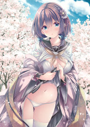Rule 34 | 1girl, black sailor collar, black skirt, blue eyes, blue sky, bow, bra, breasts, brown hair, cherry blossoms, cleavage, clothes lift, cloud, commentary request, day, flower, hair bow, hair flower, hair ornament, highres, japanese clothes, kimono, large breasts, lifting own clothes, looking at viewer, navel, open clothes, open kimono, open mouth, original, outdoors, panties, purple kimono, ryo (botugo), sailor collar, school uniform, serafuku, shirt, shirt lift, skirt, skirt lift, sky, solo, underwear, white bra, white panties, white shirt