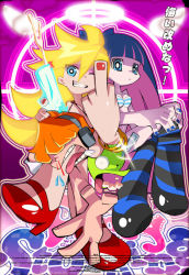 Rule 34 | 10s, 2girls, back lace, blonde hair, blood, blue eyes, brief (psg), chuck (psg), halo, headphones, jet yowatari, jewelry, long hair, makeup, middle finger, multicolored hair, multiple girls, official style, one eye closed, orange hair, panty &amp; stocking with garterbelt, panty (psg), saliva, siblings, sisters, stocking (psg), striped clothes, striped legwear, striped thighhighs, teeth, thighhighs, tongue, two-tone hair, wink