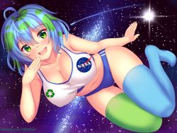Rule 34 | 1girl, ahoge, blue hair, blush, breasts, buruma, cleavage, collarbone, commentary, earth-chan, english commentary, green eyes, green hair, hand to own mouth, highres, large breasts, looking at viewer, multicolored hair, nasa logo, navel, nottytiffy, open mouth, original, patreon username, short hair, solo, space, tank top, thighhighs, two-tone hair, two-tone legwear, watermark, web address