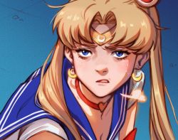 Rule 34 | 1girl, bags under eyes, bishoujo senshi sailor moon, blonde hair, blue eyes, blue sailor collar, breasts, choker, circlet, cleavage, commentary, crescent, crescent earrings, derivative work, diadem, earrings, english commentary, eyelashes, hair over shoulder, heart, heart choker, jewelry, julia shii, long hair, meme, nose, red choker, sailor collar, sailor moon, sailor moon redraw challenge (meme), sailor senshi uniform, screenshot redraw, solo, tsukino usagi, twintails, upper body