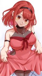 Rule 34 | 1girl, absurdres, alternate costume, black hairband, bob cut, bodystocking, breasts, collarbone, dress, drop earrings, earrings, hairband, highres, jewelry, kenichiart, large breasts, necklace, pantyhose, pyra (xenoblade), red dress, red eyes, red hair, sleeveless, sleeveless dress, solo, swept bangs, xenoblade chronicles (series), xenoblade chronicles 2