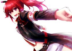 Rule 34 | 1girl, absurdres, armband, belt, cul, headphones, highres, looking at viewer, midriff, minato (shouno), outstretched arms, ponytail, red eyes, red hair, simple background, skirt, solo, vocaloid, white background