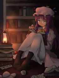 Rule 34 | 1girl, bad id, bad pixiv id, bespectacled, black pantyhose, blunt bangs, book, candle, dress, feet, frilled dress, frills, glasses, hair ribbon, hat, highres, kakiha makoto, lamp, legs together, long hair, open book, pajamas, pantyhose, patchouli knowledge, pince-nez, purple eyes, purple hair, reading, ribbon, sitting, slippers, solo, touhou