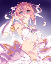 Rule 34 | 1girl, armpits, blue eyes, blush, breasts, criss-cross halter, gradient background, hair ornament, halterneck, hand to own mouth, large breasts, looking at viewer, pink hair, princess connect!, seryu oekaki, shaded face, smile, solo, yui (ceremonial) (princess connect!), yui (princess connect!)