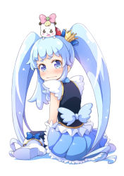 Rule 34 | 10s, 1girl, blue eyes, blue hair, bow, crown, cure princess, happinesscharge precure!, jewelry, long hair, looking back, magical girl, matching hair/eyes, pink bow, precure, ribbon (happinesscharge precure!), shirayuki hime, sitting, skirt, solo, thighhighs, tokunou shoutarou, twintails, wariza, wavy mouth