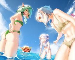 4girls :3 =_= abs absurdres artist_name ass bikini blonde_hair blue_sky blush bow breasts brown_bikini closed_mouth cloud crossover day edomae_elf eldali_ilma_fanomenel elf frieren goblin_slayer! green_bikini green_eyes green_hair grey_bikini grey_hair hair_between_eyes hair_bow high_elf_archer_(goblin_slayer!) highres loli long_hair looking_at_viewer mawster_yowda multiple_crossover multiple_girls mushoku_tensei navel open_mouth outdoors partially_submerged pointy_ears red_eyes sidelocks sky small_breasts sousou_no_frieren species_connection swimsuit sylphiette_(mushoku_tensei) thick_eyebrows wading white_hair