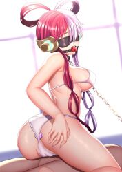 Rule 34 | 1boy, 1girl, anal, anal object insertion, ass, blush, breasts, collar, gag, gagged, hetero, large breasts, leash, long hair, multicolored hair, object insertion, one piece, red hair, sideboob, uta (one piece), white hair