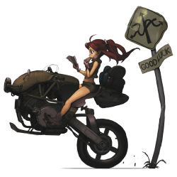 Rule 34 | 1girl, ahoge, bad id, bad pixiv id, bandaid, brown hair, eating, english text, highres, long hair, motor vehicle, motorcycle, original, ponytail, reading, rias-coast, riding, road sign, shorts, sign, simple background, solo, vehicle, white background