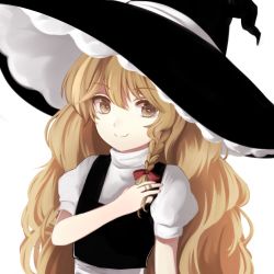 Rule 34 | 1girl, big hair, blonde hair, braid, commentary, flat chest, hat, highres, kirisame marisa, long hair, looking at viewer, playing with own hair, puffy short sleeves, puffy sleeves, short sleeves, side braid, single braid, smile, solo, touhou, very long hair, vest, wavy hair, witch hat, yellow eyes, yururi nano