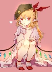 Rule 34 | 1girl, :o, artist name, beret, blonde hair, bra, bra peek, cheek rest, collarbone, colored eyelashes, crystal, dress, eyelashes, flandre scarlet, flat chest, frilled dress, frilled shoes, frills, full body, green hat, hair ribbon, hand on own cheek, hand on own chin, hand on own face, hat, head rest, heart, highres, jitome, long hair, looking at viewer, nail polish, open bra, pink background, pointy ears, polka dot, polka dot bra, puffy short sleeves, puffy sleeves, red eyes, red footwear, red nails, red ribbon, ribbon, risui (suzu rks), shoes, short sleeves, side ponytail, sidelocks, signature, solo, squatting, star (symbol), touhou, unbuttoned, underwear, white dress, wings, wrist cuffs