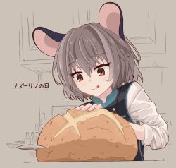 Rule 34 | 1girl, afensorm, alternate costume, animal ears, bottle, bread, commentary, food, grey background, grey hair, highres, knife, loaf of bread, long sleeves, mouse ears, nazrin, red eyes, shirt, short hair, solo, tongue, tongue out, touhou, translated, upper body, vest, white shirt