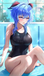 Rule 34 | 1girl, absurdres, alternate costume, alternate hairstyle, arm support, bare shoulders, black one-piece swimsuit, blue hair, blue sky, blush, breasts, chain-link fence, cloud, collarbone, competition swimsuit, day, empty pool, fence, ganyu (genshin impact), genshin impact, goat horns, hair between eyes, highres, horns, knees up, large breasts, looking at viewer, mop, one-piece swimsuit, open mouth, otabaaa, outdoors, pool, purple eyes, short hair with long locks, sidelocks, sky, solo, sparkle, swimsuit, tree, water, wet, yellow eyes