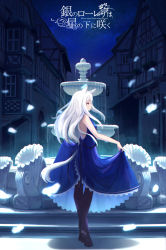 Rule 34 | 1girl, absurdres, black pantyhose, blue dress, closed mouth, dress, fantasy, fountain, from behind, highres, long hair, looking away, looking to the side, night, night sky, original, pantyhose, red eyes, sagiri (ulpha220), scenery, sky, smile, solo, star (sky), starry sky, very long hair, white hair