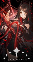 Rule 34 | 1girl, absurdres, arknights, black dress, black hair, closed mouth, dagger, demon horns, dress, expressionless, grey cloak, highres, holding, holding dagger, holding knife, holding weapon, horns, ines (arknights), knife, kotatsu kaya, long hair, looking at viewer, parted bangs, puppet strings, queen of wands, sleeveless, sleeveless sweater, solo, sweater, turtleneck, turtleneck sweater, weapon, yellow eyes