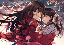 Rule 34 | 1boy, 1girl, black hair, blue eyes, blush, branch, cherry blossoms, closed mouth, cloud, cloudy sky, commentary, couple, dated, dawn, eyelashes, face-to-face, floating hair, forehead-to-forehead, from side, hair between eyes, hand on another&#039;s face, heads together, hetero, highres, higurashi kagome, hug, inuyasha, inuyasha (character), japanese clothes, jewelry, kimono, lips, long hair, motobi (mtb umk), necklace, outdoors, parted lips, pearl necklace, petals, profile, robe, sky, smile, sunlight, twitter username, upper body, white kimono, wide sleeves