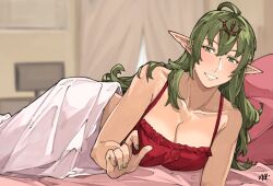 Rule 34 | 1girl, alternate costume, alternate hairstyle, bare shoulders, bed sheet, blush, breasts, cleavage, collarbone, commentary, curtains, english commentary, fingernails, fire emblem, fire emblem awakening, green eyes, green hair, green nails, grin, hair between eyes, hair ornament, highres, indoors, long hair, looking at viewer, lying, medium breasts, nintendo, on bed, pillow, pointy ears, red tank top, sakuremi, signature, sleeveless, smile, solo, tank top, tiki (adult) (fire emblem), tiki (fire emblem), under covers