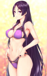 Rule 34 | 1girl, aged down, armpits, blush, bow, breasts, cleavage, collarbone, commentary request, covered erect nipples, cowboy shot, fate/grand order, fate (series), hair between eyes, hair over shoulder, holding, large breasts, lingerie, long hair, looking at viewer, medium breasts, minamoto no raikou (fate), navel, open mouth, panties, panty pull, purple eyes, purple hair, purple panties, simple background, skindentation, solo, standing, underwear, underwear only, very long hair, zucchini