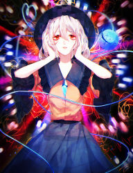 Rule 34 | 1girl, eyeball, field, flower, frilled sleeves, frills, hands on own face, heart, highres, jewelry, komeiji koishi, looking at viewer, necklace, red eyes, rose, short hair, short sleeves, silver hair, skirt, solo, square, standing, third eye, tian (my dear), touhou