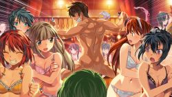Rule 34 | 1boy, 6+girls, ass, back, bare arms, bare shoulders, black hair, blonde hair, blue eyes, bra, braid, breasts, candle, cleavage, clenched teeth, closed eyes, fire, floating hair, game cg, glasses, green hair, hairband, happy, harem, hetero, highres, indoors, long hair, looking back, medium breasts, multiple girls, navel, open mouth, original, orion (orionproject), panties, pink bra, pink panties, purple bra, purple eyes, rance (series), rance 10: kessen, red hair, short hair, small breasts, smile, standing, teeth, twin braids, underwear, white bra, white panties, yellow bra