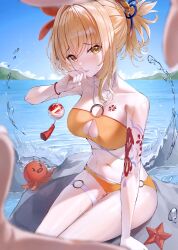 1girl 1other absurdres arm_tattoo bare_shoulders bikini blonde_hair blue_sky breasts chest_tattoo cleavage day genshin_impact highres large_breasts long_hair looking_at_viewer navel ocean orange_bikini pov rock sky starfish stomach swimsuit tattoo thigh_strap thighs wakum water yellow_eyes yoimiya_(genshin_impact)