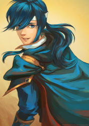 Rule 34 | armor, blue eyes, blue hair, cape, fire emblem, fire emblem: genealogy of the holy war, headband, highres, long hair, looking at viewer, male focus, nintendo, painting (medium), pauldrons, ponytail, seliph (fire emblem), shoulder armor, simple background, smile, solo, traditional media, watercolor (medium), watermark, web address, yellow background