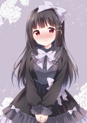 Rule 34 | 1girl, black dress, blush, bow, breasts, closed mouth, commentary request, dress, floral background, flower, grey background, grey bow, hair bow, hair ornament, hairclip, hazuki (sutasuta), highres, long sleeves, looking at viewer, medium breasts, nose blush, original, own hands together, puffy long sleeves, puffy sleeves, red eyes, rose, sleeves past wrists, solo, v arms