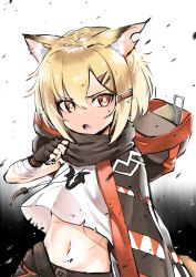 Rule 34 | 1girl, absurdres, animal ear fluff, animal ears, arknights, bandages, bandaged arm, bandages, blonde hair, dawit, fang, fingerless gloves, fox ears, fox girl, fox tail, gloves, hair between eyes, hair ornament, hairclip, highres, hood, hood down, jewelry, looking at viewer, medium hair, navel, necklace, notched ear, open mouth, orange eyes, poncho, prosthesis, prosthetic arm, scar, shirt, solo, tail, v-shaped eyebrows, vermeil (arknights), white shirt